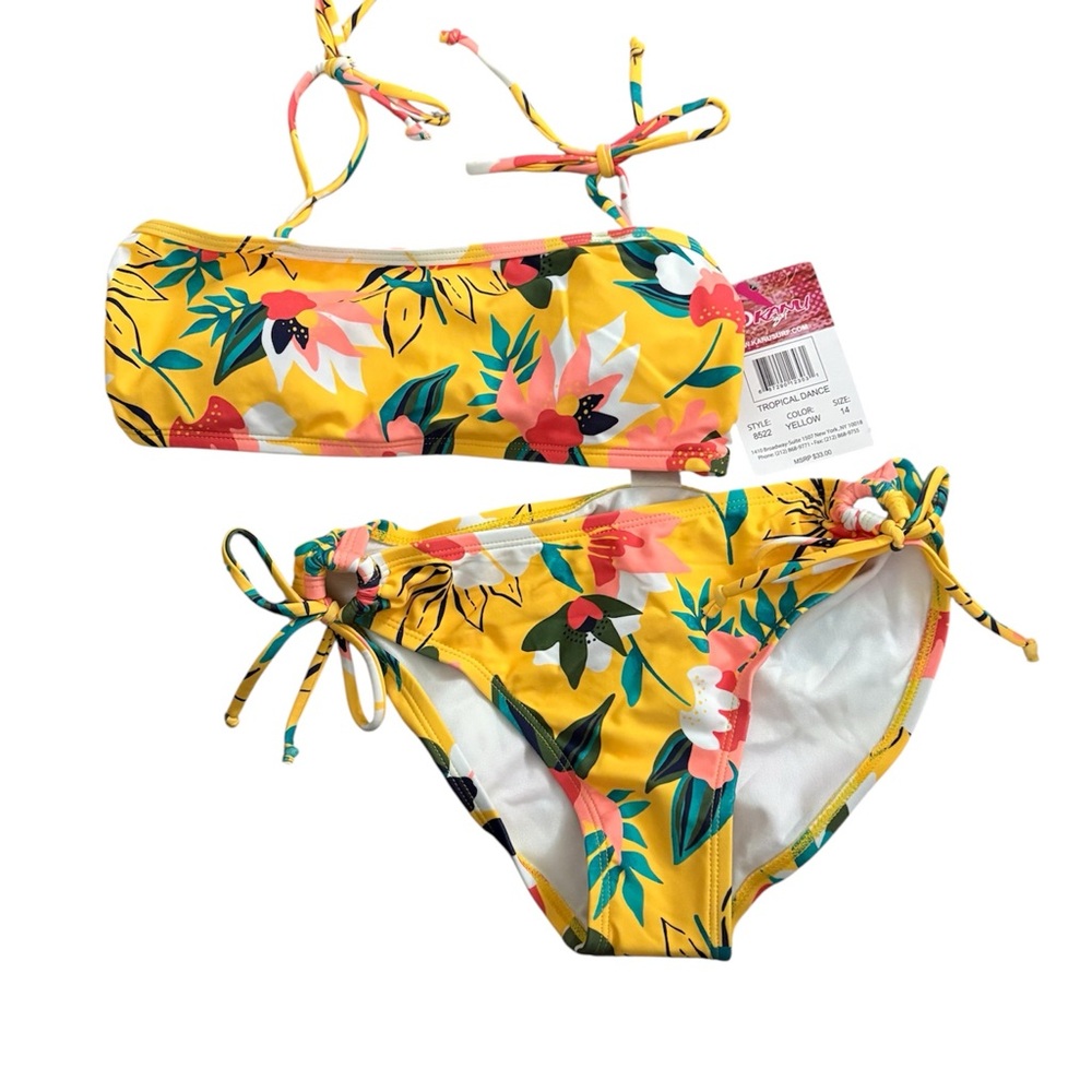 Kanu Surf Yellow Pink Floral Bikini Girls 14 NWT